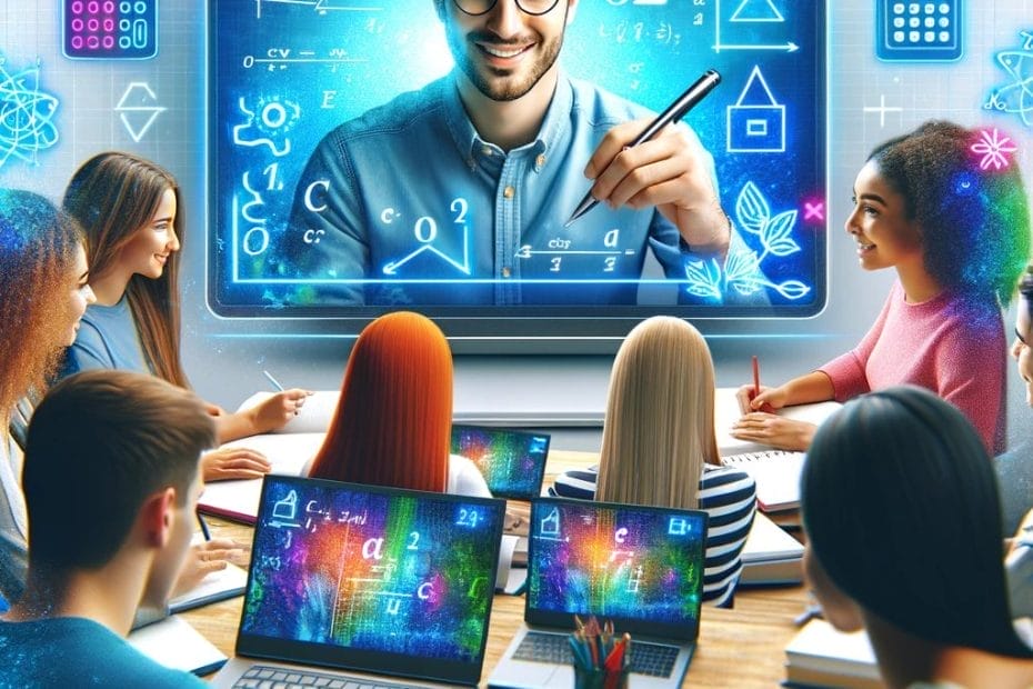 A vibrant image of a diverse group of students engaged in an online calculus tutoring session with a friendly tutor, showcasing interactive learning and digital tools.