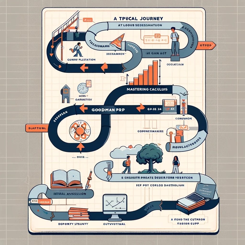 A flowchart showing the typical journey a student takes with GoodmanPrep, from initial assessment to mastering calculus, highlighting key milestones and support structures.